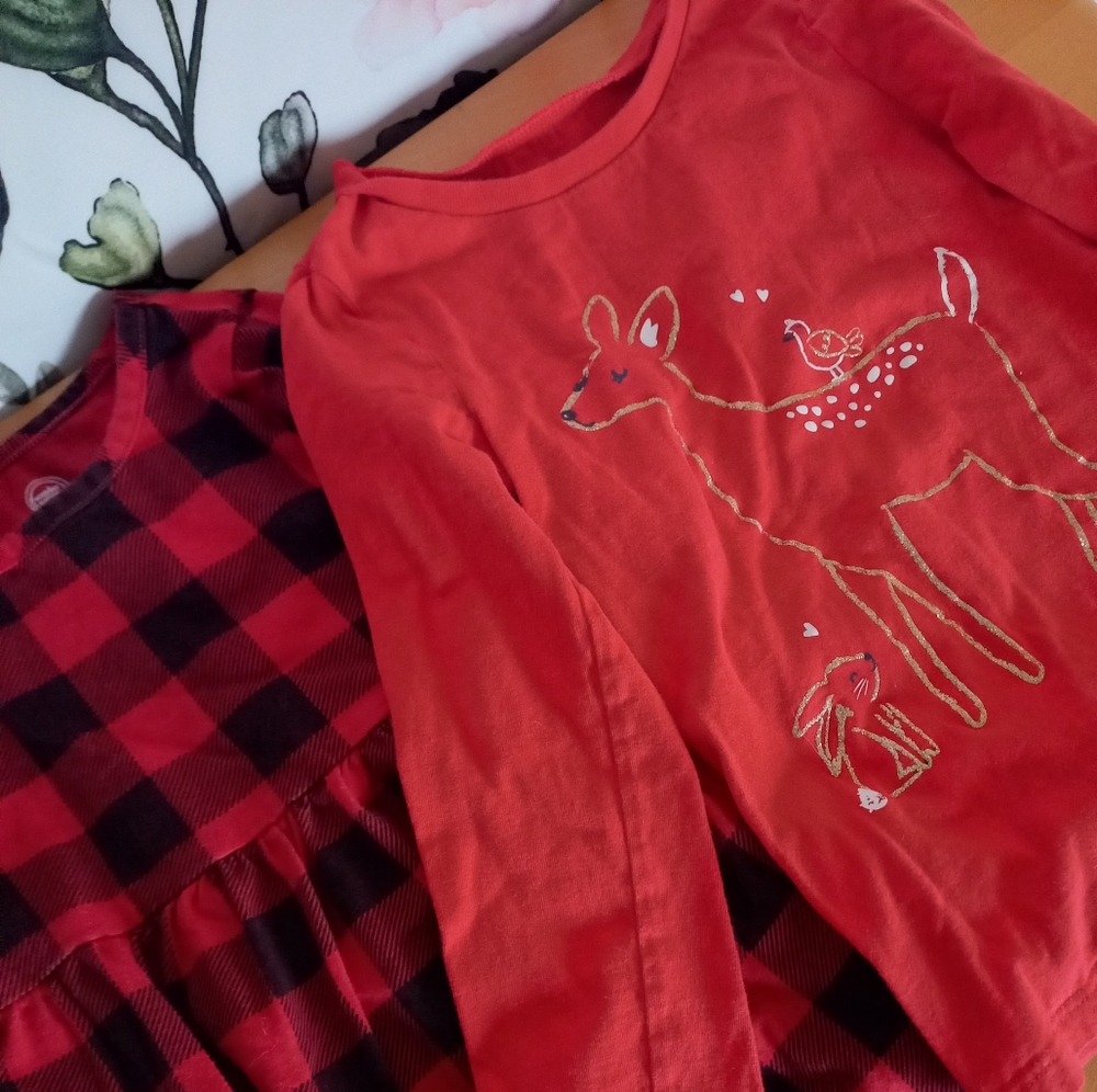Girls 4t red black winter top set toddler kids buffalo check deer long sleeve